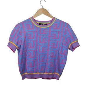 Akira Cropped Knit Short Sleeve Sweater Vibrant Blue Pink Geometric Size XL